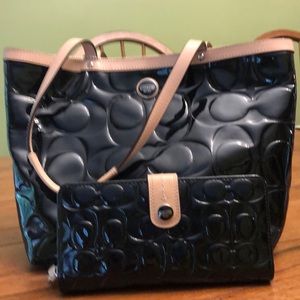 Coach black patent leather tote & matching wallet